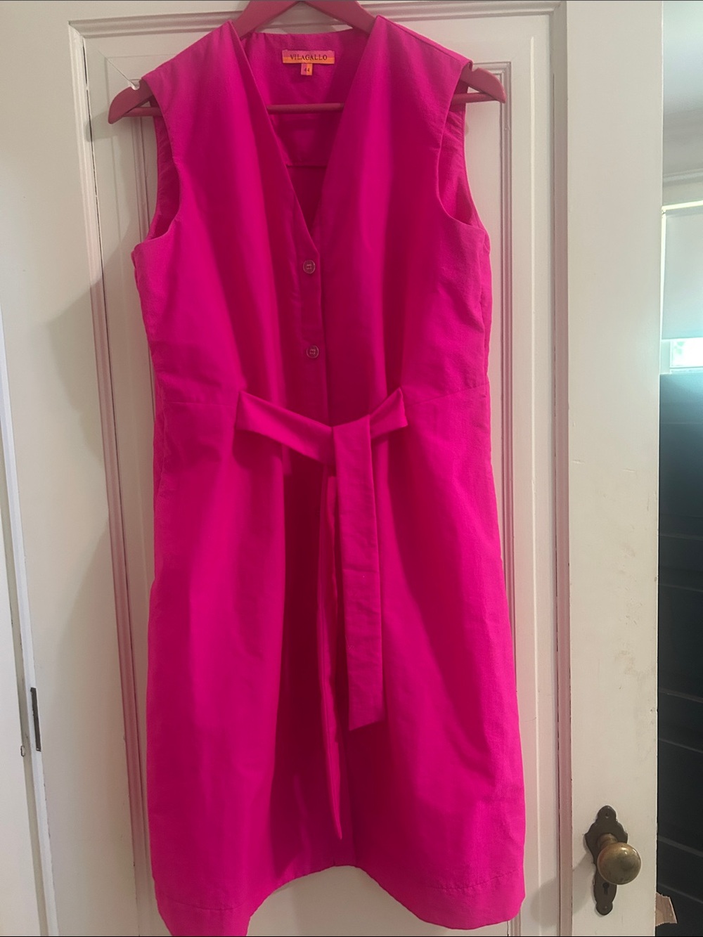 Vilagallo Hot Pink Sleeveless Front Belt V-Neck Dress